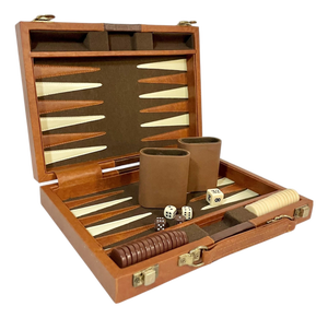 Vintage Mid-Century Cream and Brown Striped Backgammon Game Set in Travel Case