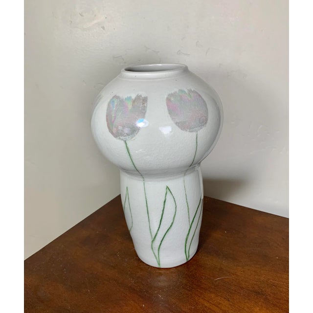Mid Century Modern Studio Ceramic Vase With Tulip Design and Translucent Glaze, Artist Signed For Sale In San Diego - Image 6 of 6