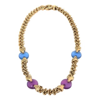 Mid 20th Century Pink Blue Translucent Acrylic Button 14k Yellow Gold Woven Necklace For Sale