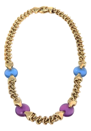 Mid 20th Century Pink Blue Translucent Acrylic Button 14k Yellow Gold Woven Necklace