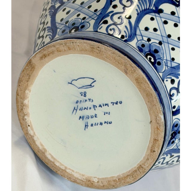 1970s Large Hand-Painted Delft Blue & White Vase With Bird Motif For Sale - Image 11 of 11
