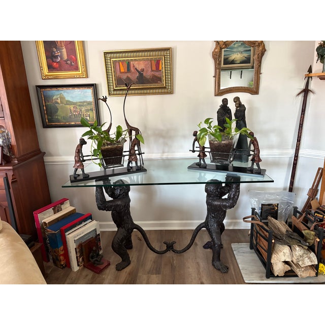 African Bronze Monkeys and Glass Topped Table For Sale - Image 3 of 3