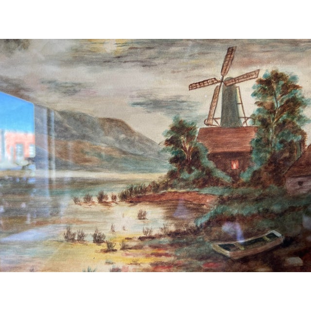 70's Vintage A. F. Drexon Landscape Cottage Windmill at the Riverside Watercolor Painting For Sale - Image 10 of 12