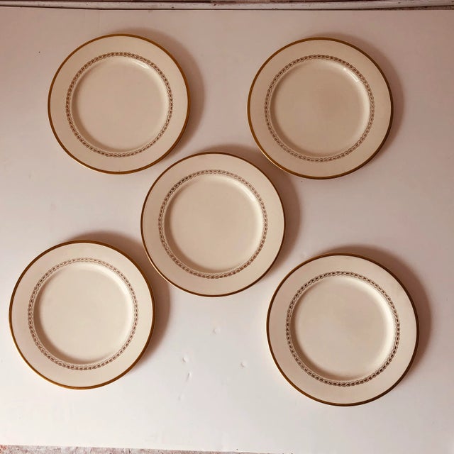 Vintage set of 5 Golden Oak Pattern , Gold Rim Dinner Plates 10.5”D, makers mark reads @ Taylor Smith &Taylor USA...