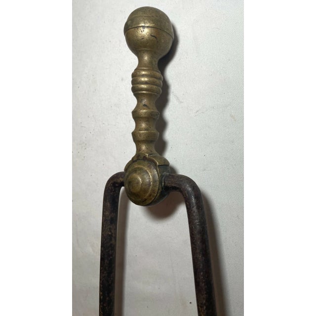 Metal Antique 18th Century Wrought Iron Turned Brass English Fireplace Tongs Tool For Sale - Image 7 of 8