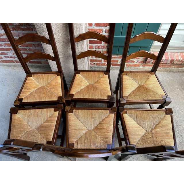 French Provincial Vintage French Dining Chairs Set 6 Oak Barley Twist Rush Seat Ladder Back For Sale - Image 3 of 18