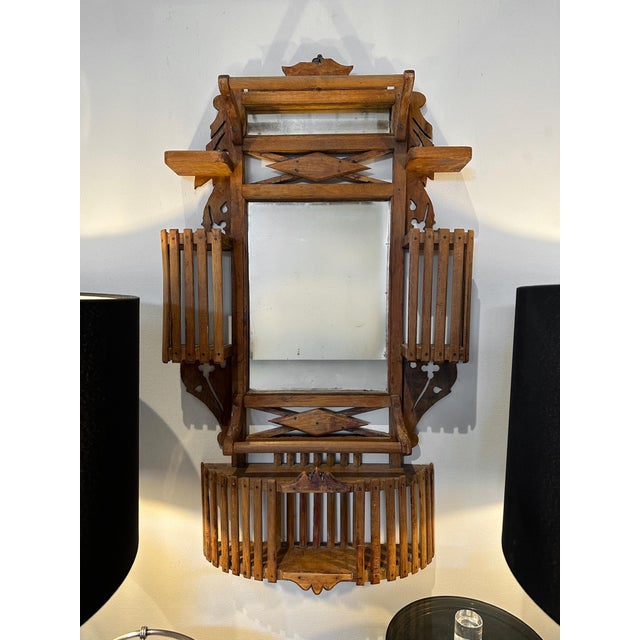 Brown Antique Eastlake Walnut Shaving Mirror With Walnut Slat Wood Design For Sale - Image 8 of 10