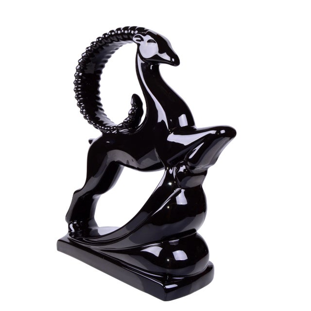 1980s Art Deco Black Ceramic Ram Sculpture For Sale