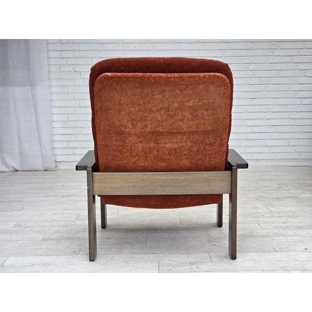 Red Danish Armchair in Orange-Red Velour and Dark Oak Wood, 1970s For Sale - Image 8 of 17