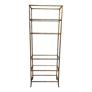 1950s Faux Bamboo Hollywood Regency Gilt Metal Etagere Display With Glass Shelves For Sale