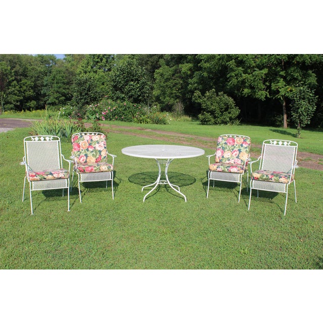 Coastal Wrought Iron Patio Set With Dogwood Motifs—Table and Four Armchairs With Covers, 5 Pieces For Sale - Image 3 of 18