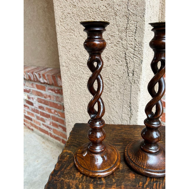 Antique English Oak Open Barley Twist Candlesticks Jacobean Pair C1860 12.5” For Sale - Image 14 of 18