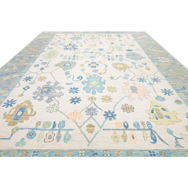 Beige Contemporary Hand-Knotted Floral Oushak Style Wool Rug in Beige For Sale - Image 8 of 9