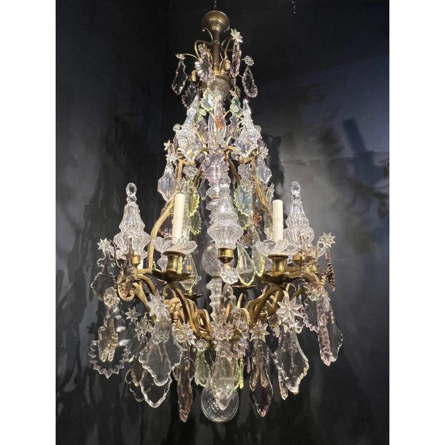 French 1920’s Bronze and Crystal Chandelier For Sale - Image 3 of 8