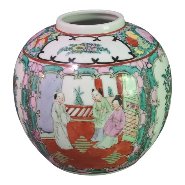 Vintage Asian Chinoiserie Famille Rose Hand Painted Colorful Figural Floral Vase For Sale