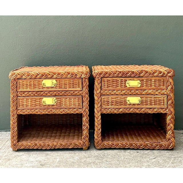 Vintage Braided Rattan Nightstands - A Pair For Sale - Image 11 of 14