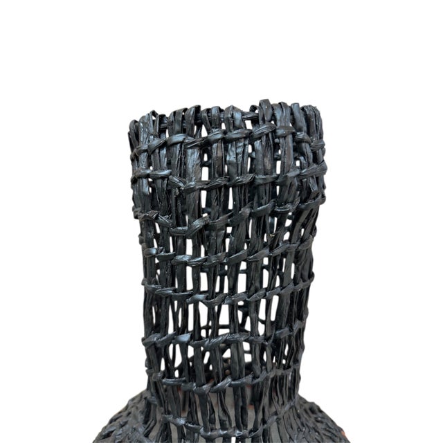 Contemporary Handwoven Raffia and Clay Vase – Brazilian Artisan Craft For Sale - Image 3 of 3