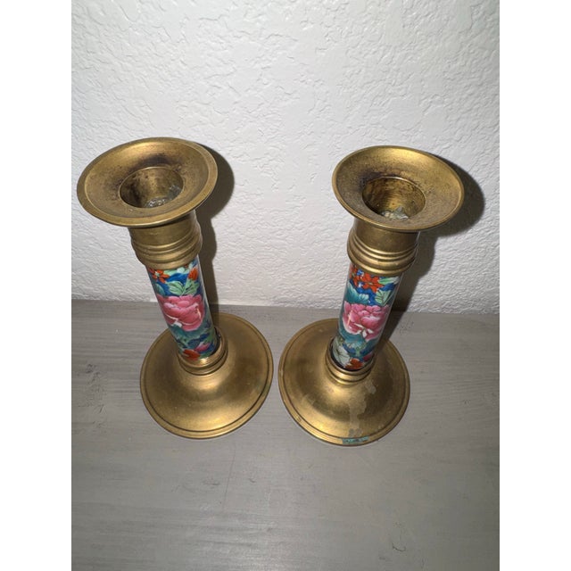 Brass Late 20th Century Vintage Chinoiserie Brass and Cloisonné Enamel Candlestick Holders - Pair For Sale - Image 8 of 9