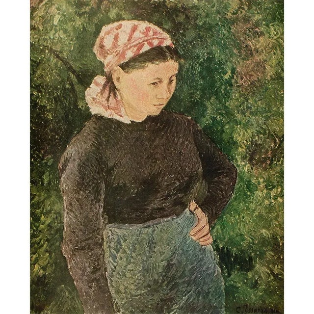 A lovely vintage full color Impressionist print after oil painting "Peasant Woman" by Camille Pissarro. Comes from a rare...