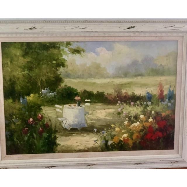 French Romantic Garden Landscape in Distressed White Frame - Unknown Artist For Sale - Image 3 of 5