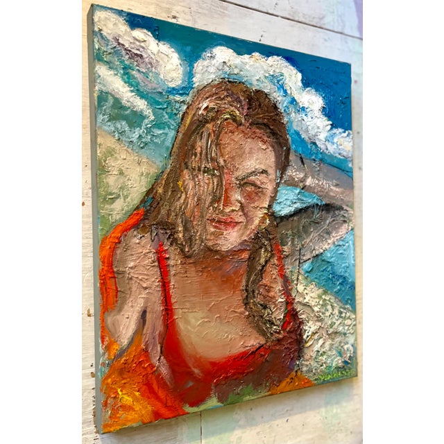 “Beach Day”, Oil Painting, 16”x20”, by Van Ness 16"x20" gallery wrapped canvas. A young woman squinting as the sun basks...