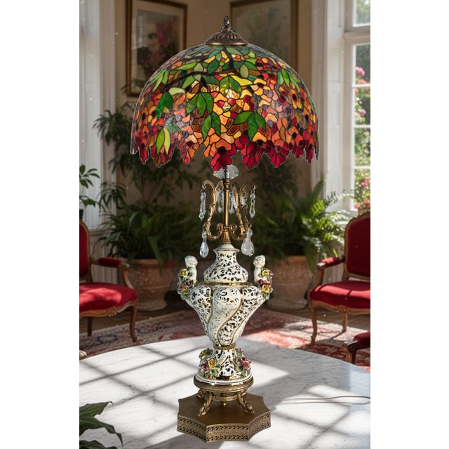 Cream Capodimonte Porcelain Cherub Floral Lamp With Crystal Prisms For Sale - Image 8 of 18