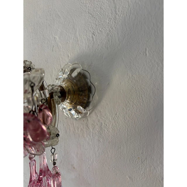 C 1930 Rare Pink Cranberry Fuchsia Murano Flowers Crystal Sconces One of Kind For Sale - Image 10 of 11