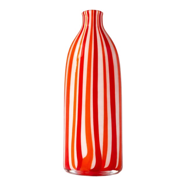 Late 20th Century Murano-Style Red & Orange Striped Art Glass Vase – Tall Hand-Blown Statement Piece For Sale