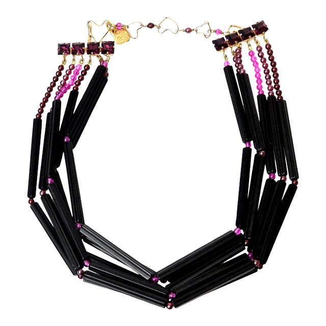 Vintage Yves Saint Laurent Glass 6 Strand Necklace, Purple and Black, 1970's For Sale