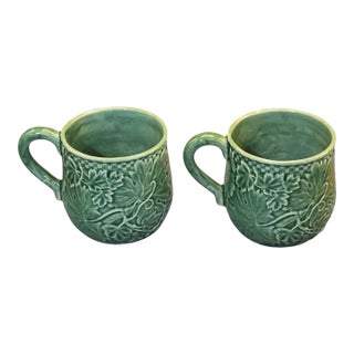 Vintage Bordallo Pinheiro Portugal Green Vine Leaf Mugs Coffee Tea Cups - Pair For Sale