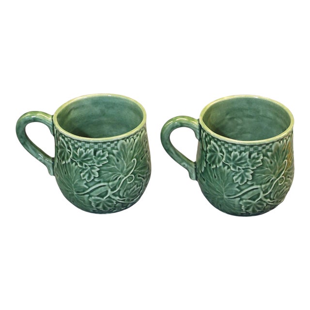 Vintage Bordallo Pinheiro Portugal Green Vine Leaf Mugs Coffee Tea Cups - Pair For Sale