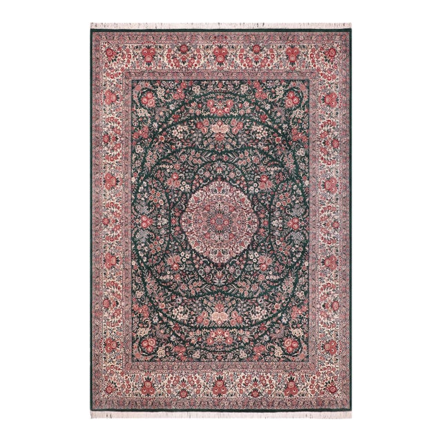 Shabby Chic Kashan Pak-Persian Green/Ivory Wool Rug - 9'2'' X 12'3'' For Sale