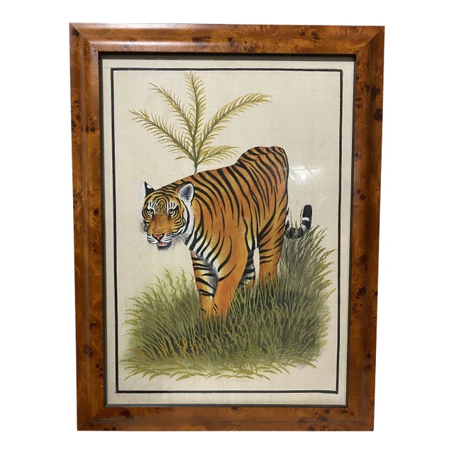 20th C. Burlwood Framed Tiger Painting For Sale