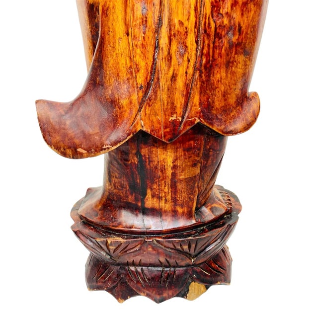 Brown Large Vintage Hand Carved Solid Wood 4.5 Foot Standing Kwan Yin/Guanyin Statue For Sale - Image 8 of 12