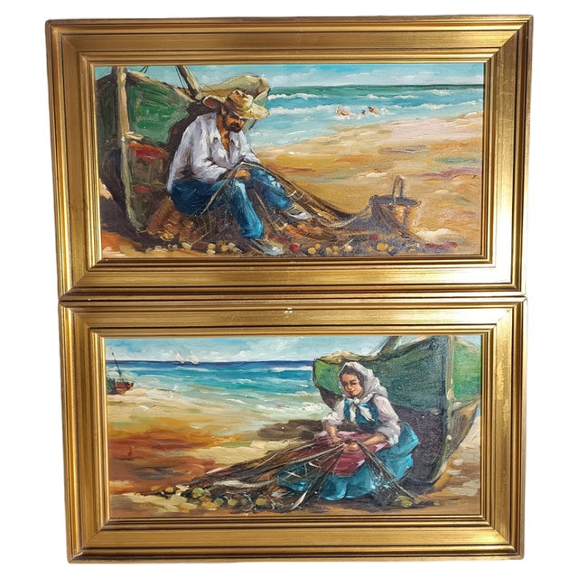 Marine Landscapes with Fishermen, 1920s, Oil on Canvas Paintings, Framed, Set of 2 For Sale