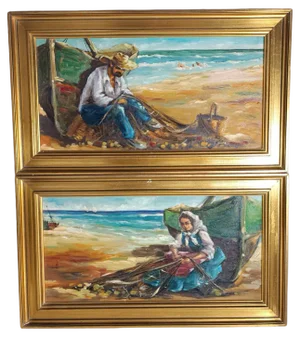 Marine Landscapes with Fishermen, 1920s, Oil on Canvas Paintings, Framed, Set of 2