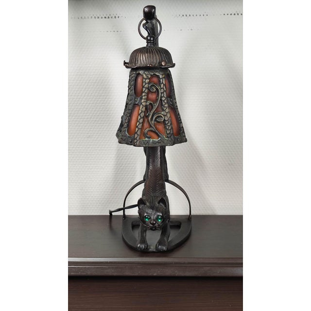 Vintage Heavy Cast Iron Cat Lamp With Hand-Blown Amber Glass Shade For Sale - Image 9 of 10
