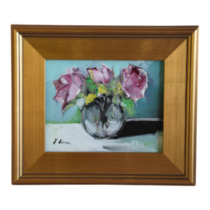 Lavender Purple Bouquet of Flowers Oil Painting Including the Antiqued Gold Wood Frame