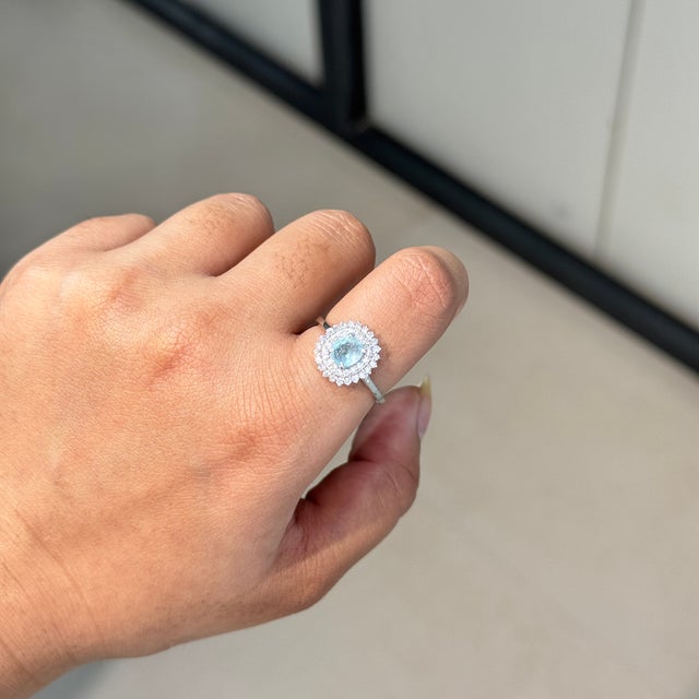 Art Deco Natural Cushion Cut Paraiba Tourmaline Double Halo CLuster Diamond Ring Size 9 For Sale - Image 3 of 18