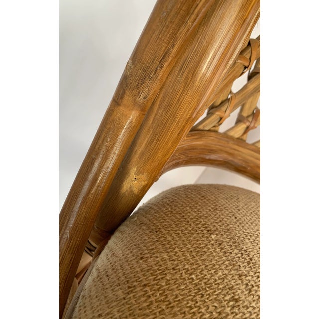 Wood 1970’s Palm Beach, Coastal Vintage Lattice Back Rattan Bamboo Wicker Cane Horseshoe Chairs With Original Upholstery - A Pair For Sale - Image 7 of 11