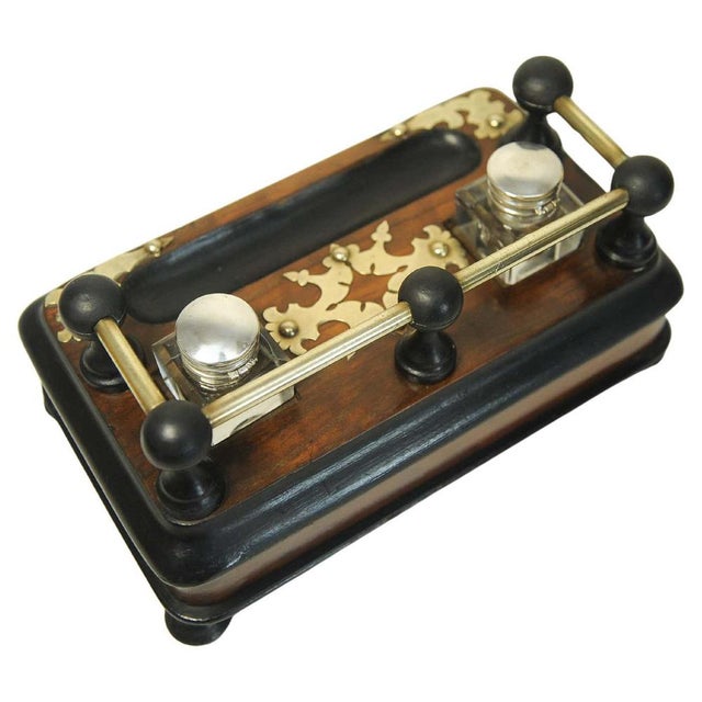 Victorian Ebonised Desk Set with Two Cut Glass Inkwells, Set of 6 For Sale - Image 5 of 13