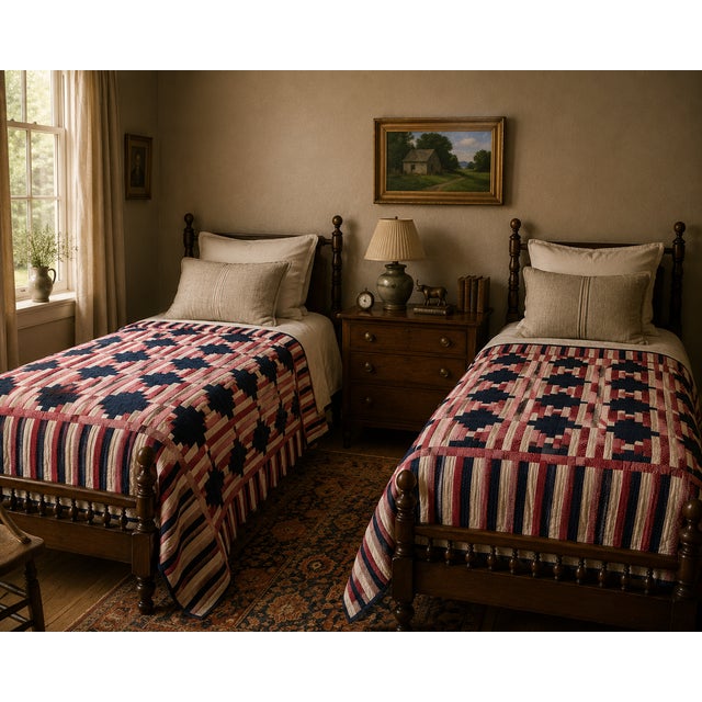 This wonderful matching pair of antique American quilts showcases one of the most beloved quilt patterns ever produced,...