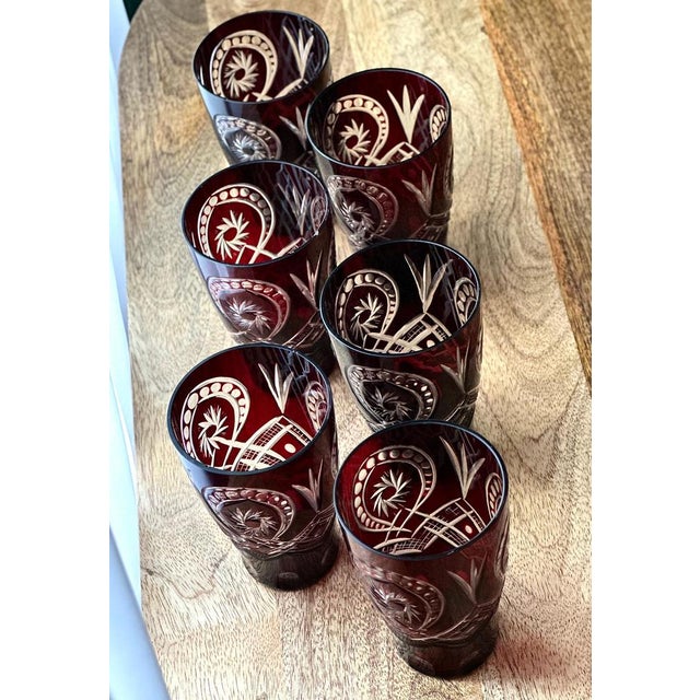 Boho Chic Vintage Ruby Red Cut to Clear Glass Pitcher and Glasses, Set of 7 For Sale - Image 3 of 10