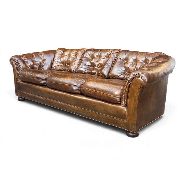 Vintage Chesterfield-Style Cognac Brown Leather Sofa With Button Tufting and Rolled Arms For Sale - Image 4 of 14