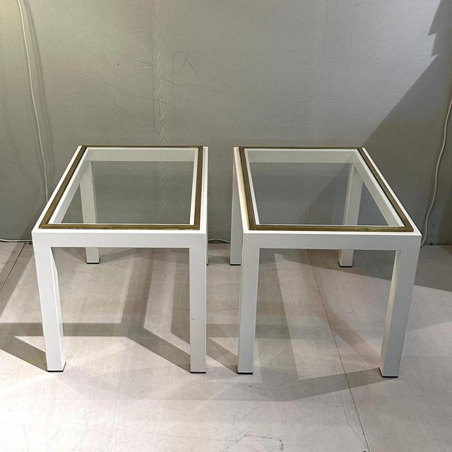 Mid-Century Modern Cream Metal & Brass Side Tables with Glass Top, 1970s, Set of 2 For Sale - Image 3 of 12