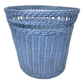 Mid-Century Boho Chic Coastal French Blue Wicker Wastebasket. For Sale