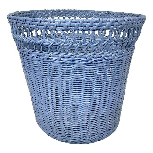 Mid-Century Boho Chic Coastal French Blue Wicker Wastebasket. For Sale