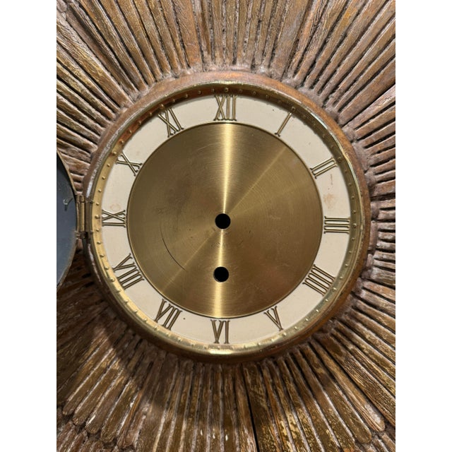 Wood Mid 20th Century Mid-Century Vintage Sunburst Gold Gilt Wood Mirror With Hidden Clock For Sale - Image 7 of 7