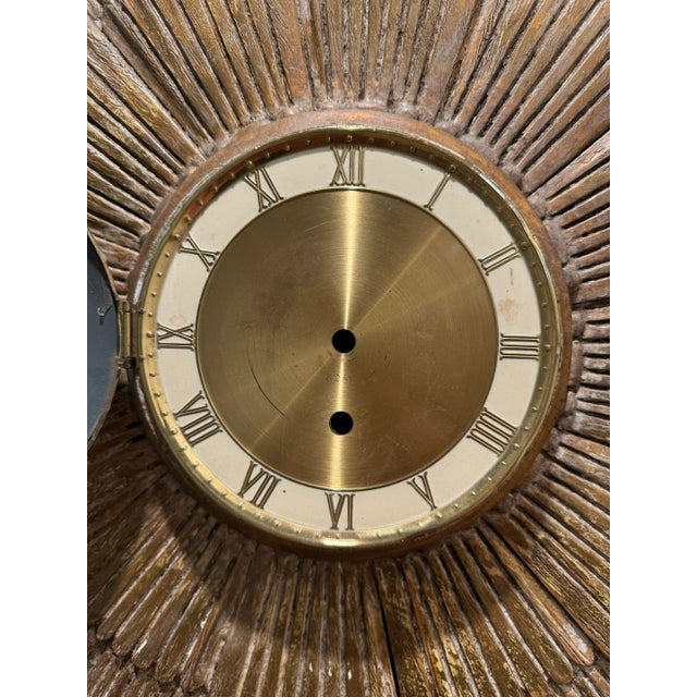 Wood Round Mirror : Mid- Century Vintage Sunburst Gold Gilt Wood Mirror With Hidden Clock For Sale - Image 7 of 7