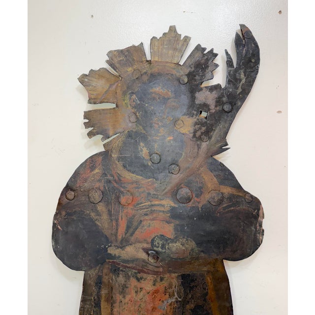 Figurative Huge Antique Hand Painted 17th Century Copper Wrought Iron Religious Sign Statue For Sale - Image 3 of 18